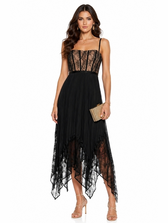 Simkhai Dresses & Skirts - Black Lace-Trim Midi Dress with Handkerchief Hem
